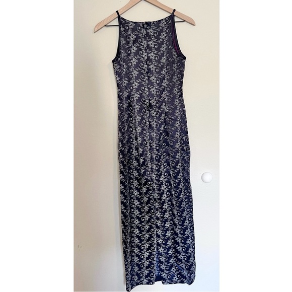 Vintage Jessica McClintock 90s Navy Purple Dress Sliver Floral Pattern Gown y2K - Picture 2 of 12